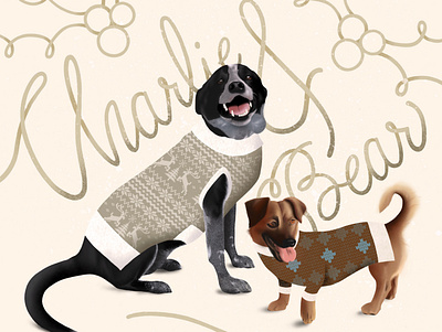 Charlie and Bear Holiday Card animal digital art digital illustration digitalart dog dogs holiday holiday card illustration lettering procreate sweater