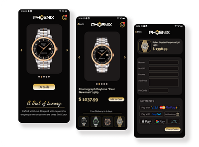 Phoenix Watch Store - Dark mode design (🎨1) app dark graphic design luxury store ui watch