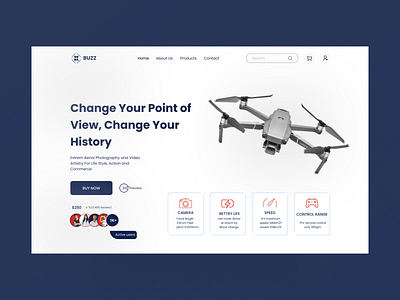 BUZZ-Drone Website Landing Page Header UI Design. aerial branding camera dark dji dji air dji mavic drone drone camera drone shot drone ui drone website fly hero section landing page mavic quadcopter visual design web design website