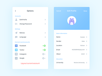 Settings app blue clean daily design edit profile settings ui