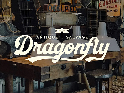 Dragonfly Antique & Salvage badge branding icon illustration label lettering logo script typography vintage visual identity