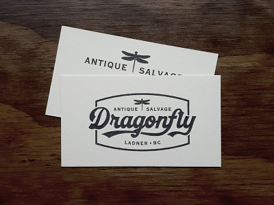Dragonfly Antique & Salvage badge bc branding branding design business card canada lettering logo print design retro design script stationery vancouver vintage design visual identity