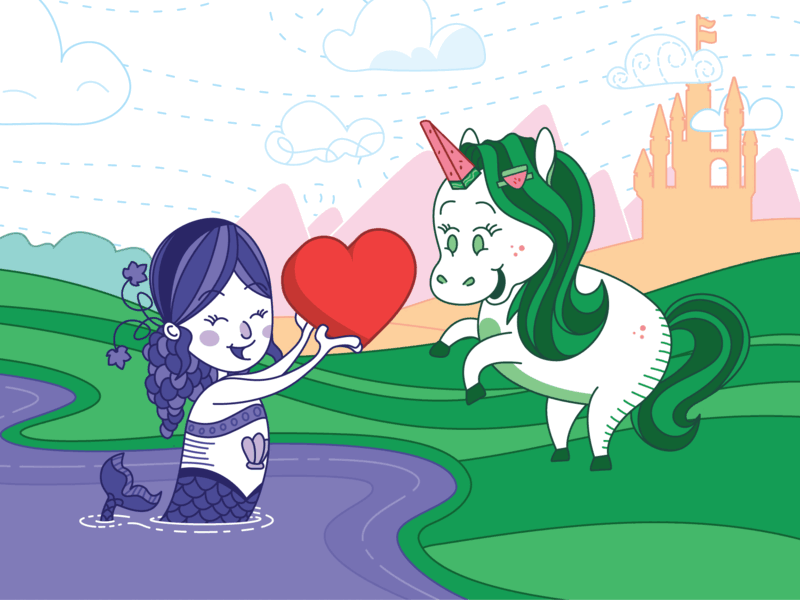 Watermelicorn & Grapemaid animal character design faces fantasy flavor food grape grapes illustration mermaid smile unicorn vector watermelon