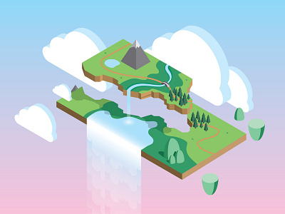 Isometric Doodling clouds design illustration islands isometric isometric art landscape mountain river sky stream trees vector waterfalls