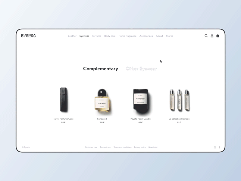 Byredo – Product Page animation app clean ecommerce app fashion luxury online store responsive design transition typography uiux web
