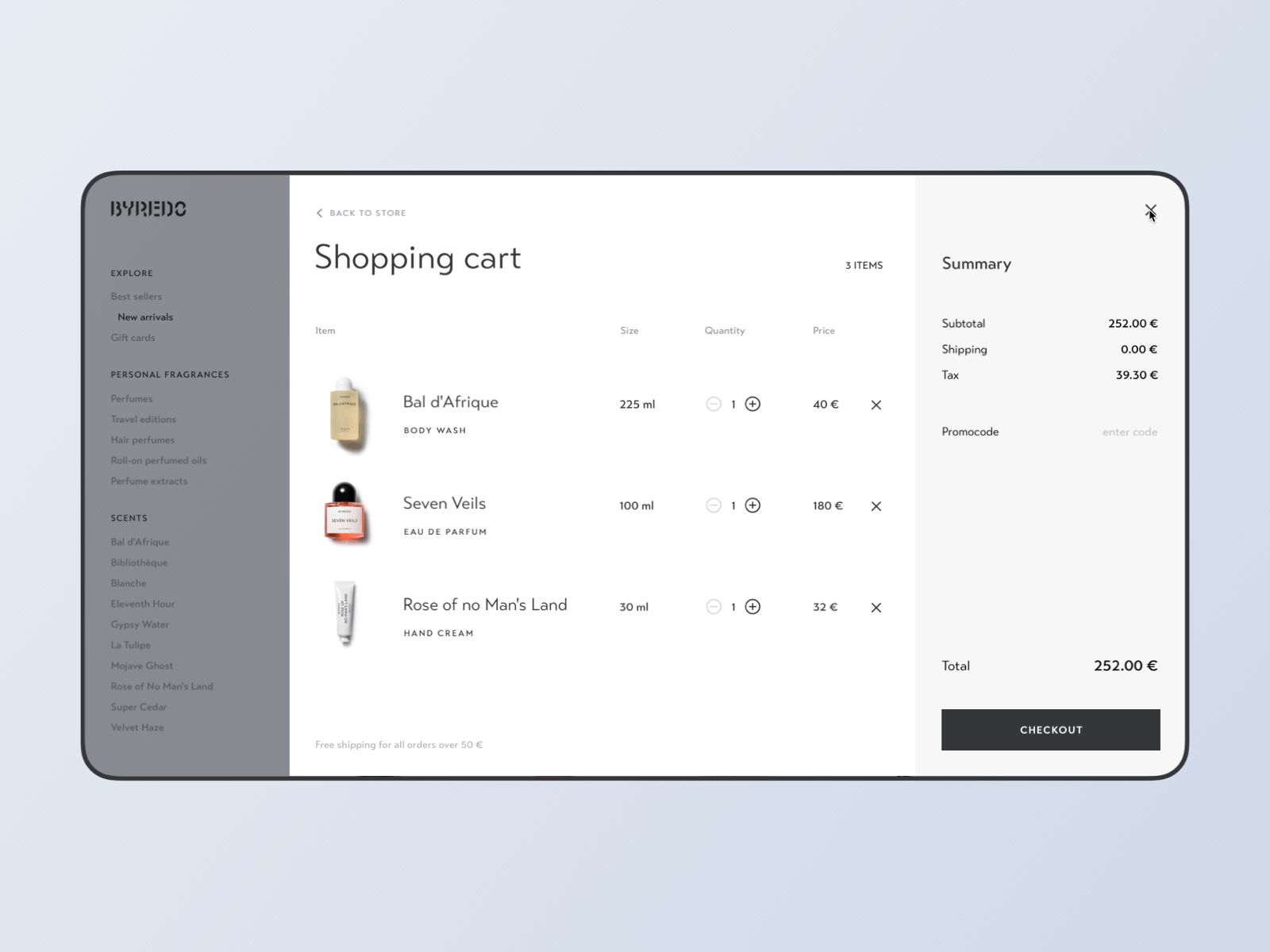 Byredo – Checkout animation app checkout flow clean desktop e commerce luxury cosmetics online store shopping cart transition typography ui uiux web