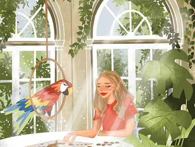 Parrot in the Greenhouse animals color colorful colors creative design digital art digitalillustration green greenhouse illustration lighting magical nature