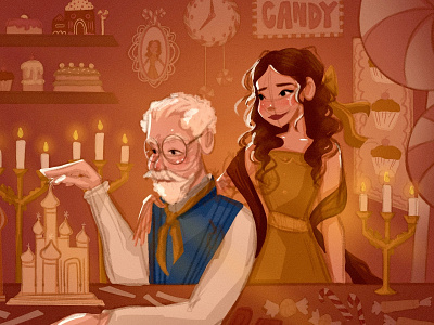 The Candy Shop Owner and His Daughter candy characterart characterdesign colorful colors creative digital art digitalillustration illustration orange red warm winter