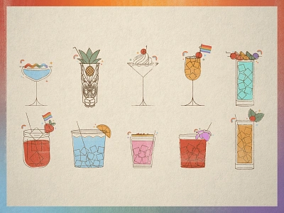 Pride Cocktails beverage cocktail cocktails colorful florida fruit gay illustration lesbian lgbt lgbtq minimal monoline passport pride rainbow st pete tampa bay travel vintage