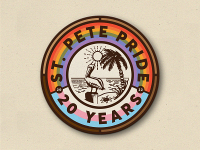 20 Years of Pride 20 badge beach city flag florida gay illustration lesbian lockup pelican pride pride 2022 rainbow seal st pete sunshine tampa transgender vintage