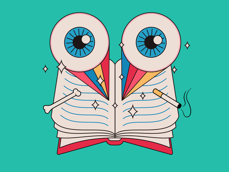 Reading and reading and reading... dazzle bones smoking rainbows eyeballs illustration lineart books