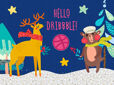 Dribbble Debute animal cartoon christmas holiday illustration postcard winter