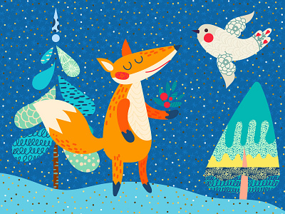 Cartoon fox and pigeon cartoon character dove folk forest fox magical pigeon tree winter