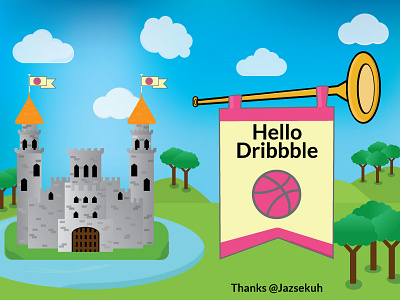 Hello Dribbble castle clouds debut flag gradient hello dribbble horn illustration sky thank you