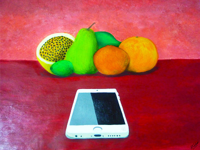 Still life with iPhone acrylic paint fruit ihpone lemon orange pear still life watercolor