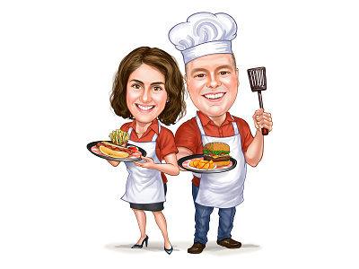 Digital Caricatures - Couple Chef Caricatures Restaurant Fast Fo