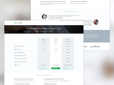 SuperTasker's WordPress Plans design landing page plans price table supertasker testimonials ui