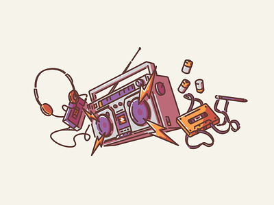 Jam! batteries boombox cassette cassette player cassette tape headphones icon illustration linework music speakers tape vector