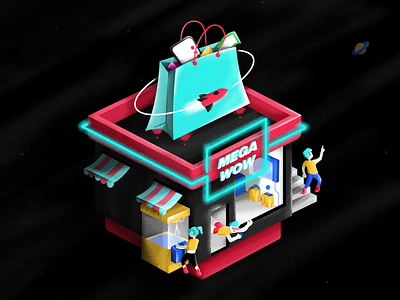 TikTok Illustrations branding grain illustration isometric kiosk mall mega planets rockets shopping space stars tiktok ui vector