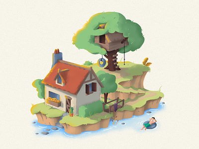 Isometric island cool cottage forest green illustration imaginary island isometric pine tree summer tree treehouse vector water