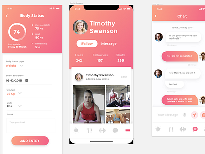 Fitness app chat screen fitness app profile screen