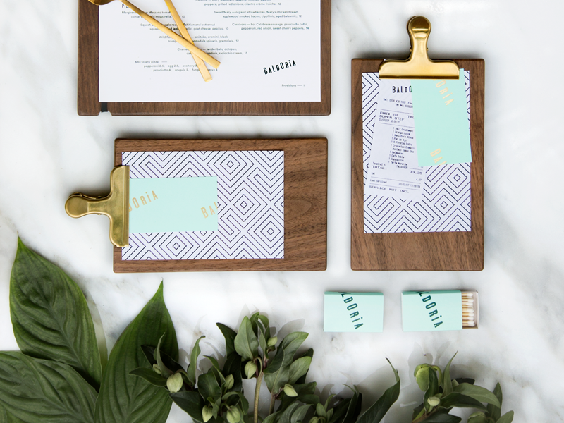Baldoria Collateral cards business matchbox collateral print menu clipboard presenter check restaurant