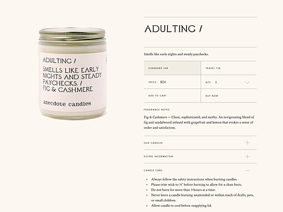 Anecdote Candles Website candle cart ecommerce design ecommerce site grid grid layout grid lines hover layout product page quantity shop web design website