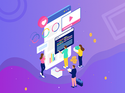 Team app bitcoin header illustration isometric team user vector webpage website