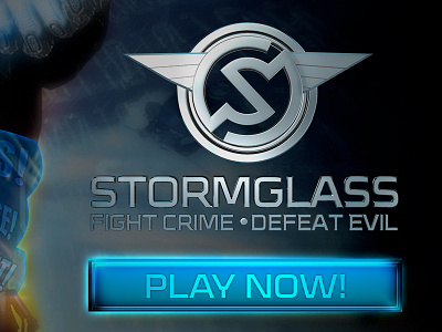 Stormglass PLAY NOW! button WIP 3d blue button dark defeat evil fight crime glow landing page shine stormglass ui ux