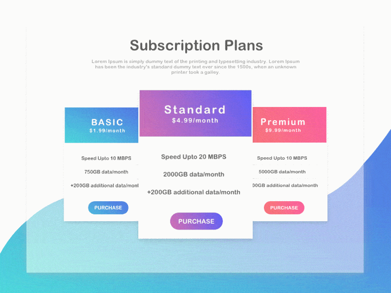 Subscription Flow animation blue cards colors intraction pink purple subscription