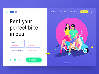 🛵 getbike.io – motorbike rental service on Bali ☀️ bike clean design grid homepage illustration landing product service ui ux web