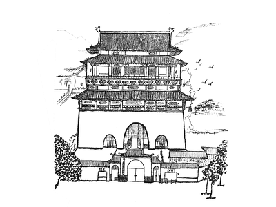 Drum tower ancient building beijing china drum towr illustration pen sketch