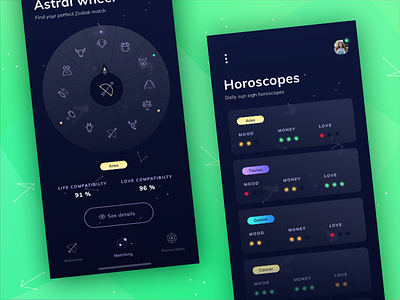 Hyperion - Astrological Meetings 💫 - Astral wheel & horoscopes animation cards colasse coraline design gradients interaction iphone x navigation ui ux zodiak