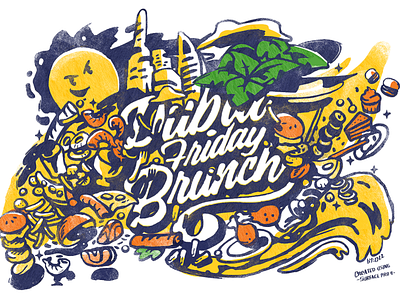 Dubai Friday Brunch Microsoft Mural brunch burger cake design designer dubai microsoft mural pizza poster poster art poster design print sea sun sushi uae yellow