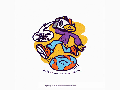 Rolling Around The World badge character character design diseño drawing golden ink guadalajara happy face illustration logo merch music nike record retro sticker style tees vector world