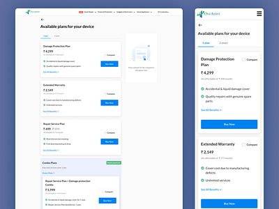 Plans listing page for OneAssist