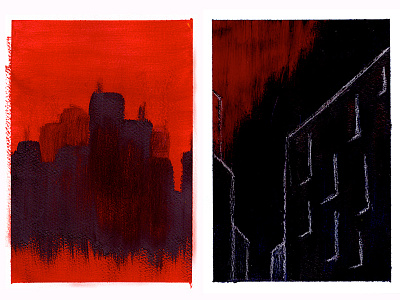 Dark City brush cardboard city dark dark blue night paintings pencil red watercolour