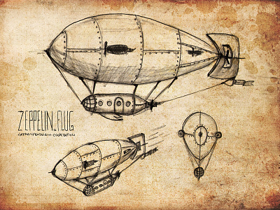 ZeppelinFLUG aged drawing illustration metal paper pen steampunk zeppelin