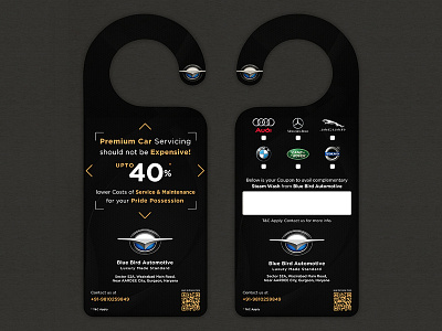 Door Hanger - Bluebird Automotive branding coupon door hanger luxury brand luxury cars premium cars qr qrcode voucher