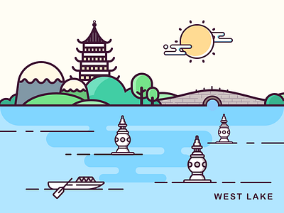 The spring of Hangzhou west lake boat bridge build icon line river sketch tree