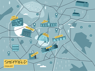 Sheffield Map buildlings cathedral city city centre city hall designer direction england factory illustration map map illustration roads sheffield shopping town train station tree trees uk