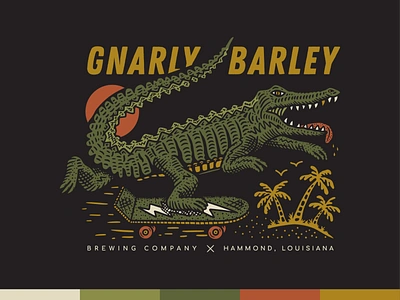 Gnarly Barley - Skater Gator alligator apparel board branding design gator illustration louisiana palm tree screenprint skate skateboard vector