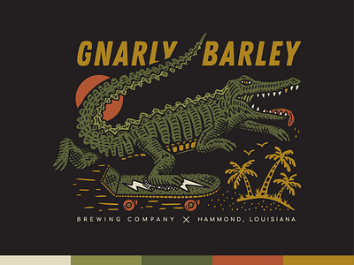 Gnarly Barley - Skater Gator alligator apparel board branding design gator illustration louisiana palm tree screenprint skate skateboard vector