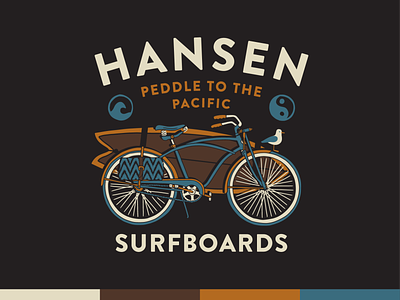 Hansen Surfboards - Peddle to the Pacific apparel bicycle bike design illustration outdoors screenprint seagull surf vector wave yinyang