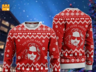 The Big Lebowski The Dude Abides Red Ugly Christmas Sweater 3d graphic design