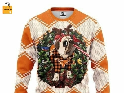 Texas Longhorns Pug Dog Candy NCAA Ugly Christmas Sweater 3d graphic design