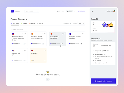 Online classes – Dashboard clean design illustrative minimal ui ux web