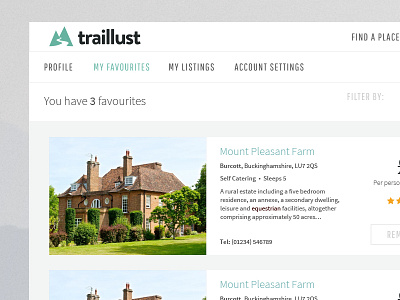 Traillust User Favourites module property travel ui user interface vacation web website wip