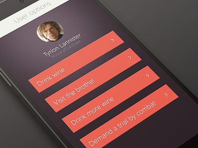 Simple user profile with list view android design drink flat got lannister list options simple ui user wine