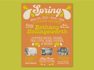 Spring Pottery Flyer 60s 70 70s fine art flyer groovy local artist mugs old old paper paper texture pottery promotional retro retro colors retro design seventies social media promotion vintage vintage paper